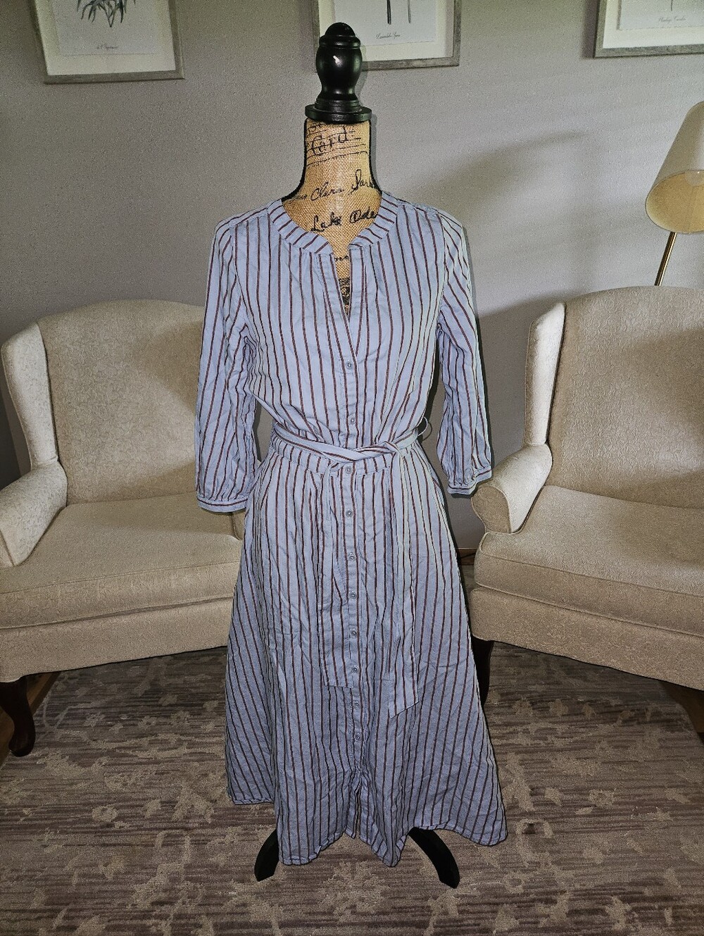 Pact Blue and White Striped Button-Front Midi Dress with Tie Belt - Picture 2 of 5
